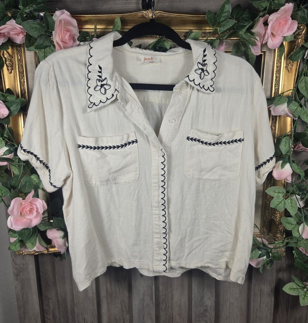 Peach Womens L Embroidered Button Front Blouse Ivory Short Sleeve Cottagecore